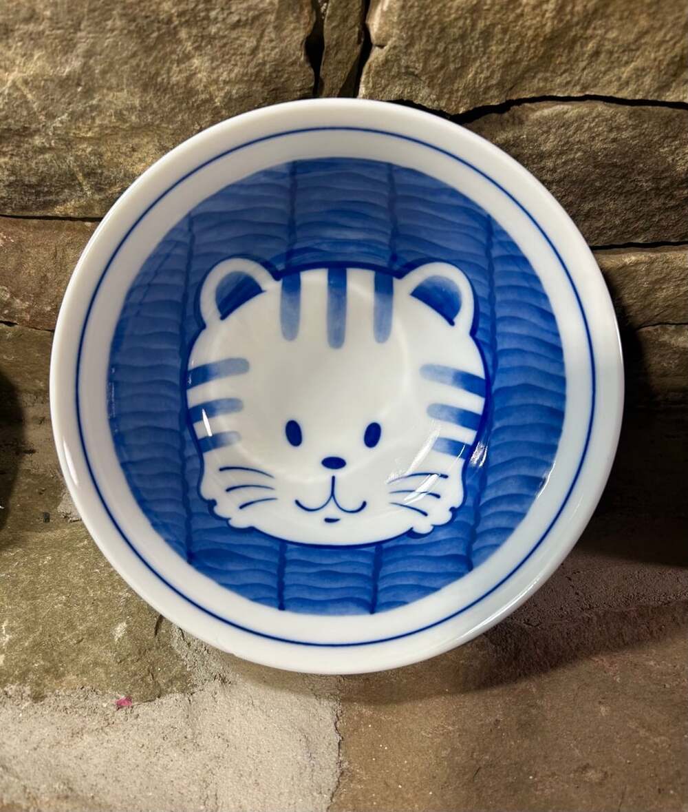 Tabby Cat Kitty Blue and White Ceramic Bowl Made in Japan RARE READ